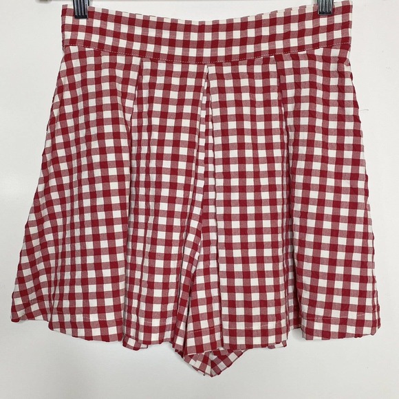 Zara Gingham Check Flared Shorts Size Small Red White High Waist Viscose Stretch - Picture 4 of 10